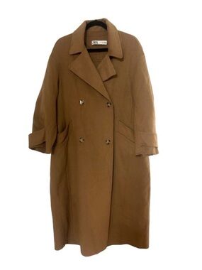 Zara camel long double-breasted wool coat oversize S can fit M